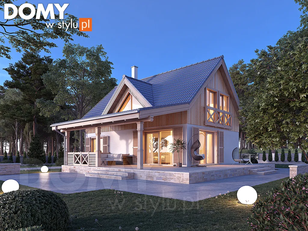Nowoczesny projekt domu drewnianego z poddaszem Aksamitka dr-S - wizualizacja frontowa