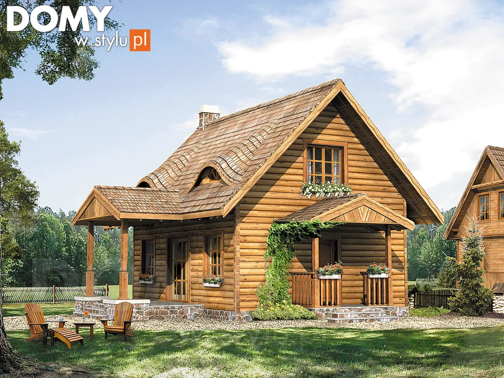 Projekt domu drewnianego z poddaszem Ami bal - wizualizacja frontowa