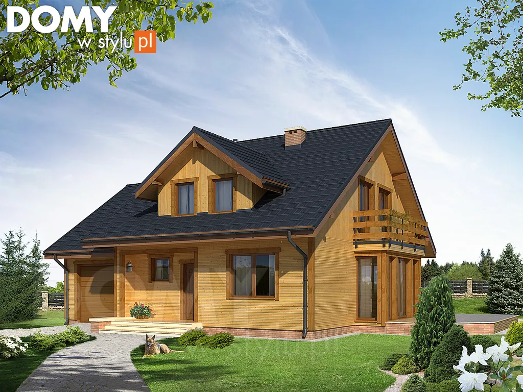 Projekt domu drewnianego z poddaszem Boguśka dr-S - wizualizacja frontowa