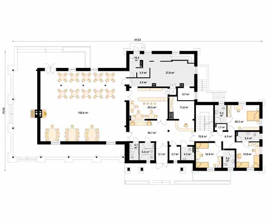 Projekt pensjonatu Cykada - rzut parteru