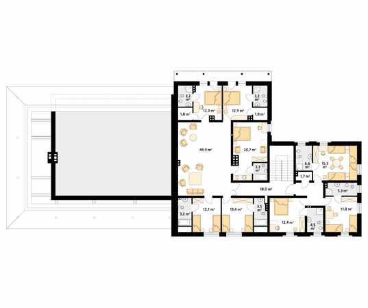 Projekt pensjonatu Cykada - rzut poddasza
