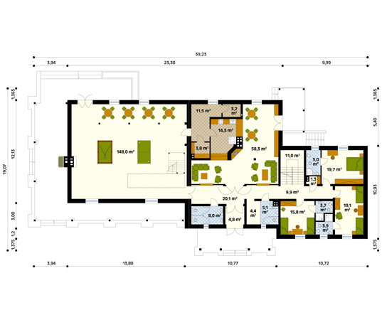 Projekt pensjonatu Cykada 2 - rzut parteru