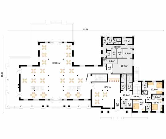 Projekt pensjonatu Cykada 4 - rzut parteru