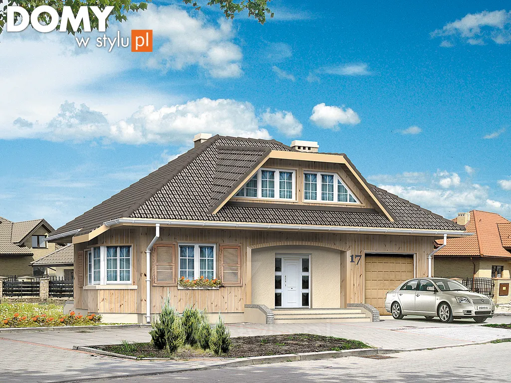 Projekt domu drewnianego z poddaszem Huragan dr-S - wizualizacja frontowa