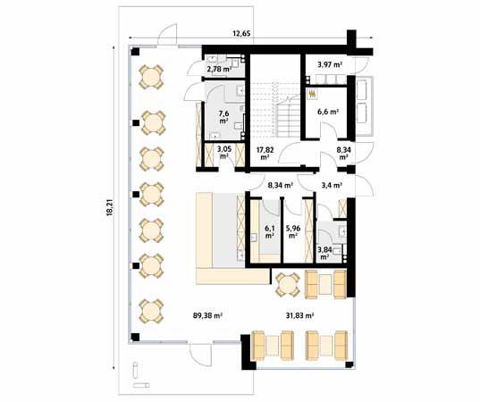 Projekt pensjonatu Kawiarnia - rzut parteru