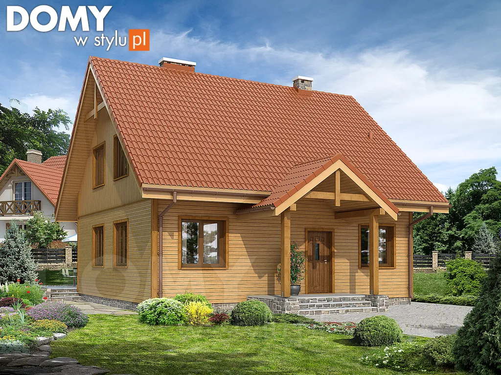 Projekt domu drewnianego z poddaszem Pliszka 2 dr-S - wizualizacja frontowa