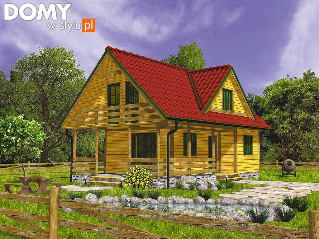 Projekt domu letniskowego drewnianego Poziomka bal - wizualizacja frontowa