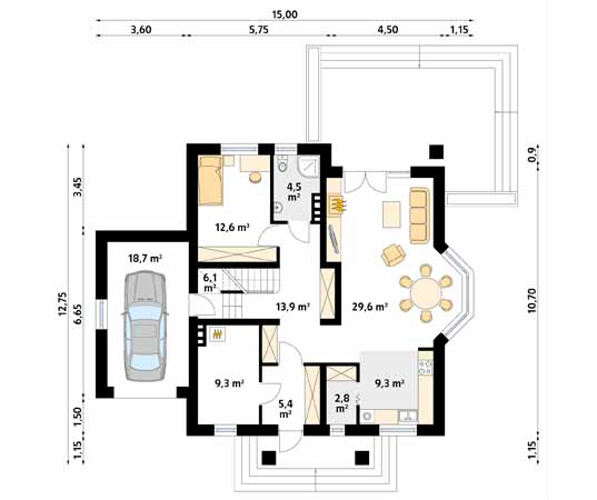 Projekt domu Puszczyk - rzut parteru